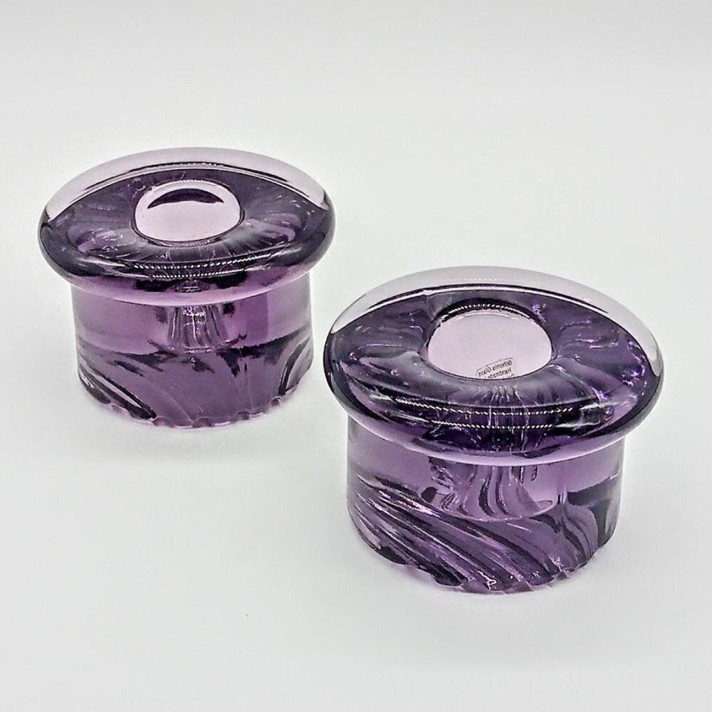 Vintage Bohemia Glass Amethyst Purple Taper Candle Holders (2)